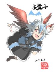 Rule 34 | 1girl, :d, ahoge, black bow, black dress, blue hair, boots, bow, brown footwear, character name, dated, dress, full body, head wings, horns, inuno rakugaki, looking at viewer, multicolored hair, open mouth, outstretched arms, red eyes, red wings, silver hair, single head wing, smile, solo, spread arms, streaked hair, tokiko (touhou), touhou, white background, wide sleeves, wings