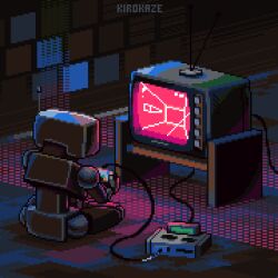 Rule 34 | abueloretrowave, animated, animated gif, antennae, controller, dark room, from behind, game console, holding, holding controller, indoors, light, looping animation, nes, no humans, on floor, original, pixel art, playing games, robot, sitting, spacecraft, television, wall, wire