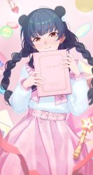 Rule 34 | 1girl, belt, black hair, blunt bangs, blurry, blurry background, blush, book, braid, brown eyes, closed mouth, commentary request, cowboy shot, double bun, fingernails, frilled shirt collar, frilled sleeves, frills, gradient background, hair bun, hair ornament, hands up, high-waist skirt, highres, holding, holding book, idolmaster, idolmaster shiny colors, long hair, long sleeves, looking at viewer, low twin braids, mayuzumi fuyuko, nail polish, pink background, pink belt, pink nails, pink skirt, pom pom (clothes), pom pom hair ornament, red ribbon, ribbon, shirt, shirt tucked in, skirt, smile, solo, standing, tuchinokoeffect, twin braids, v-shaped eyebrows, wand, white shirt
