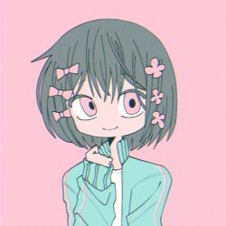 Rule 34 | 1girl, aqua jacket, black hair, bow, cho (cho utu00), chromatic aberration, closed mouth, flower, hair bow, hair flower, hair ornament, hand up, jacket, kurari-chan (iyowa), kyu-kurarin (cevio), long sleeves, multiple hair bows, open clothes, open jacket, pink background, pink bow, pink eyes, pink flower, shirt, short hair, simple background, smile, solo, track jacket, upper body, white shirt