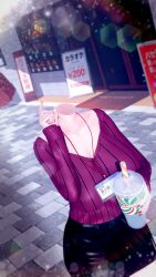 Rule 34 | 1girl, breasts, card, cellphone, cleavage, collarbone, curvy, drink, faceless, faceless female, headless, large breasts, legs, light, neck, office lady, ohtori saori, phone, purple sweater, red nails, road, shop, skirt, staff, street, sweater, tagme, zom 100: zombie ni naru made ni shitai 100 no koto