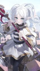Rule 34 | 1girl, 2023, blue eyes, cityscape, elf, frieren, highres, holding, holding staff, mage staff, matsukaze tiyo, pale skin, pointy ears, sousou no frieren, staff, white hair
