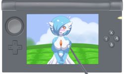 Rule 34 | 10s, 1girl, :d, alternate breast size, alternate color, blue hair, blue skin, blush, bob cut, breasts, cloud, colored eyelashes, colored skin, creatures (company), cursor, day, embarrassed, fake screenshot, flying sweatdrops, game freak, gardevoir, gem, gen 3 pokemon, grabbing, grabbing another&#039;s breast, grass, hair over one eye, handheld game console, jcdr, large breasts, looking at viewer, lucy (jcdr), nintendo, nintendo 3ds, nintendo ds, no humans, open mouth, orange eyes, outdoors, own hands clasped, own hands together, playing games, pokemon, pokemon-amie, pokemon (creature), pokemon xy, shiny pokemon, short hair, sky, smile, solo, stylus, surprised, sweat, swept bangs, truth, upper body, v arms, video game, white skin