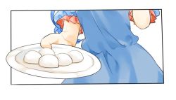 Rule 34 | 1girl, bad id, bad twitter id, blue dress, blue hair, dress, food, fourth wall, giving, head out of frame, long hair, misha (hoongju), mochi, plate, religious offering, seiran (touhou), solo, touhou, wagashi