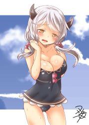 Rule 34 | 10s, 1girl, alternate costume, arm at side, blue one-piece swimsuit, blush, breasts, cloud, cloudy sky, collarbone, covered navel, cowboy shot, day, draph, embarrassed, frills, gluteal fold, granblue fantasy, horns, kumuyu, kumuyu (granblue fantasy), large breasts, long hair, looking at viewer, low twintails, off shoulder, one-piece swimsuit, open mouth, silver hair, sky, solo, swept bangs, swimsuit, thighs, twintails, wavy mouth, yellow eyes, yua (checkmate)
