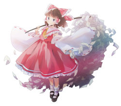 Rule 34 | 1girl, armpits, ascot, bow, brown eyes, brown footwear, brown hair, collar, detached sleeves, frilled bow, frilled hair tubes, frills, gohei, hair bow, hair tubes, hakurei reimu, japanese clothes, kinosaki, looking at viewer, mary janes, miko, nontraditional miko, red bow, red shirt, red skirt, ribbon-trimmed sleeves, ribbon trim, shirt, shoes, short hair, sidelocks, skirt, skirt set, sleeveless, socks, solo, touhou, white background, white collar, white socks, wide sleeves, yellow ascot