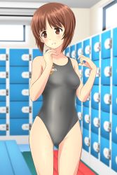 Rule 34 | 1girl, absurdres, asics, bench, black one-piece swimsuit, blurry, breasts, brown eyes, brown hair, commentary request, competition swimsuit, cowboy shot, depth of field, girls und panzer, gluteal fold, grey one-piece swimsuit, highres, indoors, locker, locker room, logo, looking to the side, nishizumi miho, one-piece swimsuit, parted lips, short hair, small breasts, solo, standing, swimsuit, takafumi