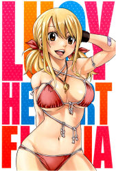 Rule 34 | 1girl, arm behind back, arm behind head, arm strap, arm up, bandaid, bandaid on arm, bikini, blonde hair, breasts, brown eyes, character name, cleavage, contrapposto, criss-cross halter, fairy tail, halterneck, highres, jewelry, large breasts, long hair, lucy heartfilia, mashima hiro, navel, necklace, non-web source, official art, open mouth, red bikini, solo, stomach, swimsuit, teeth, twintails, underboob, upper teeth only, wide hips, wristband