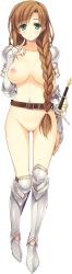 Rule 34 | 1girl, absurdres, armor, armored boots, belt, belt skirt, blush, boots, braid, breasts, brown hair, collarbone, finger to cheek, gluteal fold, greaves, green eyes, highres, koikishi purely kiss, kuninaka kaori, large breasts, long hair, looking at viewer, low-tied long hair, nipples, no pussy, nude, sheath, sheathed, simple background, solo, sword, warrior, weapon, white background, yuuki hagure