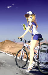 Rule 34 | 1girl, ass, baseball cap, bicycle, bike jersey, bike shorts, blonde hair, blue eyes, blue sky, blush, bottle, cloud, day, from behind, hat, highres, long hair, looking at viewer, looking back, open mouth, original, outdoors, riding, road, scenery, shoes, shuffle (songdatiankong), sky, sneakers, solo, water bottle