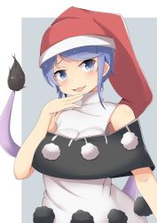 Rule 34 | 1girl, :3, bare shoulders, black dress, blue eyes, blue hair, blush, breasts, doremy sweet, dress, grey background, hat, highres, kuroki horse, looking at viewer, medium breasts, multicolored clothes, multicolored dress, parted lips, pom pom (clothes), santa hat, short hair, sidelocks, simple background, solo, swept bangs, tail, tapir tail, touhou, two-tone background, upper body, white background, white dress