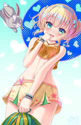 Rule 34 | 1girl, 2023, alternate costume, bare shoulders, blonde hair, blush, bow, breasts, cheerleader, commentary, covering crotch, covering privates, cowboy shot, dated, dutch angle, frilled wrist cuffs, frills, from below, gochuumon wa usagi desu ka?, green eyes, hair between eyes, hair bow, hairband, hand up, heart, heart background, heart print, highres, holding, holding pom poms, kirima syaro, light blue background, looking at viewer, midriff, miniskirt, navel, nose blush, open mouth, pom pom (cheerleading), pom poms, rabbit, rouge (my rouge), short hair, shy, signature, simple background, skirt, skirt tug, small breasts, solo, sports bra, star (symbol), star print, stomach, twitter username, two side up, wavy mouth, white bow, white hairband, wild geese, wrist cuffs, yellow skirt