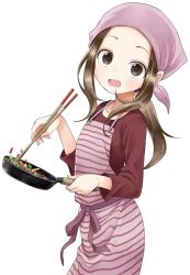 Rule 34 | 1girl, :d, absurdres, apron, brown eyes, brown hair, brown shirt, chopsticks, collarbone, commentary request, food, forehead, frying pan, head scarf, highres, holding, holding chopsticks, karakai jouzu no takagi-san, long hair, long sleeves, low ponytail, official art, open mouth, ponytail, shirt, sidelocks, simple background, smile, solo, striped apron, striped clothes, takagi-san, white background, yamamoto souichirou