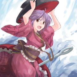 Rule 34 | 1girl, adjusting clothes, adjusting headwear, bowl, bowl hat, brown eyes, cowboy shot, from side, hat, japanese clothes, kimono, kitsune maru, long sleeves, looking at viewer, looking to the side, needle, obi, open mouth, purple hair, sash, short hair, solo, sukuna shinmyoumaru, touhou, wide sleeves
