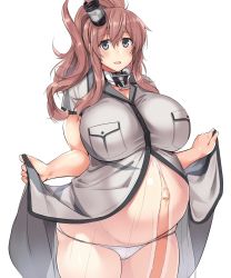 Rule 34 | 1girl, anchor, blouse, blue eyes, blush, breasts, brown hair, clothes lift, cowboy shot, dress, dress lift, hair between eyes, hair ornament, highres, huge breasts, kantai collection, kuronyan, lifted by self, long hair, looking at viewer, navel, open clothes, open dress, panties, ponytail, pregnant, saratoga (kancolle), saratoga mk ii (kancolle), shirt, side ponytail, simple background, skindentation, smokestack hair ornament, solo, stomach bulge, underwear, upper body, white background, white dress, white panties
