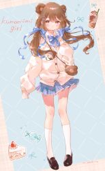 1girl animal_bag animal_ears arm_at_side artist_name bag bear_bag bear_ears blue_bow blue_bowtie blue_ribbon blue_skirt blush bow bowtie brown_eyes brown_hair buttons cake cake_slice candy cardigan collared_shirt drink food frilled_skirt frills full_body hair_ornament hair_ribbon hand_up highres kneehighs loafers long_hair long_sleeves looking_at_viewer loose_clothes low_twintails m_ydayo miniskirt original parted_lips plaid_bow plaid_bowtie plaid_clothes plaid_skirt ribbon shirt shoes skirt sleeves_past_fingers sleeves_past_wrists socks standing twintails white_cardigan white_shirt white_socks