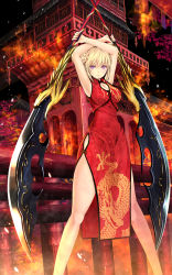 Rule 34 | 1girl, architecture, armpits, arms up, blonde hair, braid, breasts, catbell, china dress, chinese clothes, cleavage, cleavage cutout, closed mouth, clothing cutout, dragon print, dress, dual wielding, east asian architecture, eyebrows, fire, hair bun, holding, holding weapon, lantern, leaf, legs apart, long hair, looking at viewer, maple leaf, md5 mismatch, night, night sky, original, outdoors, paper lantern, polearm, print dress, purple eyes, red dress, resolution mismatch, side cutout, side slit, single hair bun, sky, sleeveless, sleeveless dress, solo, source larger, standing, weapon, wood
