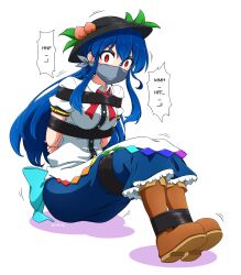 Rule 34 | 1girl, absurdres, artist name, black headwear, blue hair, blue skirt, boots, bound, bound legs, bow, bowtie, breasts, cloth gag, english text, food, fruit, full body, gag, gagged, glaring, highres, hinanawi tenshi, improvised gag, long hair, looking at viewer, medium breasts, over the nose gag, peach, peach hat ornament, rakkidei, red bow, red bowtie, red eyes, shirt, simple background, sitting, skirt, solo, speech bubble, tape, tape bondage, touhou, twitter username, white background, white shirt