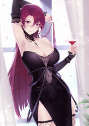 Rule 34 | 1girl, absurdres, alexiel (pixiv6211566), arm warmers, armpits, azur lane, black dress, breasts, cleavage, cocktail glass, cup, curtains, dress, drinking glass, duke of york (azur lane), duke of york (eternal night&#039;s carola) (azur lane), fishnets, has bad revision, has downscaled revision, highres, jewelry, large breasts, lipstick, long hair, looking at viewer, makeup, md5 mismatch, nail polish, necklace, purple eyes, purple hair, resolution mismatch, side slit, solo, source smaller, thighhighs, window
