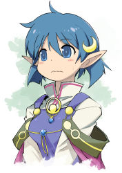 Rule 34 | 1girl, ahoge, blue eyes, blue hair, blush stickers, cape, closed mouth, crescent, crescent hair ornament, hair ornament, highres, muramasa mikado, pointy ears, red cape, rena lanford, short hair, solo, star ocean, star ocean the second story, sweatdrop