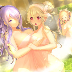 Rule 34 | 3girls, asymmetrical docking, blonde hair, grabbing another&#039;s breast, breast press, breasts, camilla (fire emblem), closed eyes, corrin (female) (fire emblem), corrin (fire emblem), elise (fire emblem), female focus, fire emblem, fire emblem fates, grabbing, hair bun, highres, kashiwamochi yomogi, large breasts, medium breasts, multicolored hair, multiple girls, naked towel, nintendo, open mouth, purple eyes, purple hair, red eyes, siblings, single hair bun, sisters, small breasts, smile, towel, two-tone hair