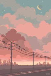 Rule 34 | animated, animated gif, artist name, bird, city, commentary, crescent moon, dragon, english commentary, mini-moss, moon, original, outdoors, pink theme, pixel art, twilight, utility pole