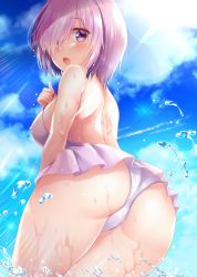 Rule 34 | 1girl, ass, bare shoulders, bikini, blush, breasts, cameltoe, fate/grand order, fate (series), from behind, from below, hair over one eye, izumi akane, large breasts, looking at viewer, looking back, mash kyrielight, open mouth, purple eyes, purple hair, shiny skin, short hair, sideboob, solo, swimsuit, water