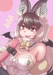Rule 34 | 1girl, animal costume, animal ears, bat wings, bow, bowtie, breasts, brown eyes, brown hair, brown long-eared bat (kemono friends), elbow gloves, extra ears, fingerless gloves, gloves, grey hair, highres, kemono friends, kemono friends v project, large breasts, leotard, long hair, looking at viewer, multicolored hair, okyao, open mouth, scarf, simple background, smile, solo, virtual youtuber, wings