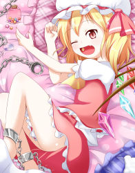 Rule 34 | 1girl, ass, blonde hair, candy, candy jar, chain, chained, chain, cuffs, fang, female focus, flandre scarlet, food, hat, hat ribbon, highres, lying, makuran, no panties, on side, one eye closed, open mouth, pillow, red eyes, ribbon, shackles, shirt, side ponytail, skirt, slit pupils, solo, touhou, wings, wink
