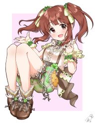 Rule 34 | 1girl, black bow, black bowtie, blush, border, bow, bowtie, breasts, brown eyes, brown footwear, brown hair, dot nose, dress bow, frilled skirt, frills, funxy k, green scarf, green skirt, hair bow, hair ribbon, hands up, highres, idolmaster, idolmaster cinderella girls, idolmaster cinderella girls starlight stage, knees up, long hair, looking at viewer, ogata chieri, open hand, open mouth, outside border, pink background, ribbon, scarf, scrunchie, shirt, shoes, short sleeves, sidelocks, signature, skirt, small breasts, smile, solo, suspender skirt, suspenders, twintails, white border, white shirt, wrist scrunchie, yellow ribbon