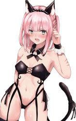Rule 34 | 1girl, absurdres, animal ears, armpits, black bra, black panties, black wrist cuffs, blush, bra, breasts, cameltoe, cat ears, cat tail, chiyoda momo, embarrassed, fake animal ears, fake tail, green eyes, highres, looking at viewer, machikado mazoku, navel, open mouth, panties, pink hair, scar, short hair, simple background, small breasts, solo, standing, tail, thong, underwear, white background, wrist cuffs