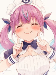 Rule 34 | 1girl, absurdres, ahoge, anchor symbol, backlighting, blue bow, blue bowtie, blue hair, blush, bow, bowtie, braid, breasts, cheek poking, closed eyes, closed mouth, commentary, drill hair, french braid, hair ribbon, harui (hr x9 ), highres, hololive, huge filesize, index finger raised, light blue hair, long hair, looking at viewer, maid headdress, medium breasts, minato aqua, minato aqua (1st costume), multicolored hair, poking, purple hair, ribbon, simple background, smile, solo, streaked hair, twin drills, twintails, two-tone hair, upper body, virtual youtuber, white background, wrist cuffs