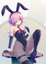 Rule 34 | 1girl, absurdres, alternate costume, animal ears, arm support, armpit crease, black gloves, black leotard, black pantyhose, black thighhighs, blush, breasts, collar, commentary request, commission, curvy, detached collar, elbow gloves, eyelashes, fake animal ears, fate/grand order, fate (series), foot out of frame, frilled straps, gloves, grey background, groin, hair over one eye, hand up, highleg, highleg leotard, highres, honshiro nikori, knee up, large breasts, leaning back, leotard, light purple hair, looking at viewer, mash kyrielight, medium hair, necktie, on table, one eye covered, pantyhose, parted lips, partial commentary, playboy bunny, purple eyes, rabbit ears, red necktie, shiny skin, simple background, sitting, skeb commission, solo, table, thigh strap, thighhighs, thighs, variant set, white collar, white wrist cuffs, wrist cuffs