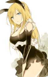 Rule 34 | 10s, 1girl, 2016, :o, animal ears, bad id, bad tumblr id, bare legs, bare shoulders, black dress, blonde hair, blue eyes, blush, breasts, rabbit ears, rabbit tail, cleavage, collarbone, colored eyelashes, copyright request, cowboy shot, dated, detached sleeves, dress, hair ornament, hair scrunchie, hand on thigh, large breasts, long hair, long sleeves, looking at viewer, lpip, parted lips, scrunchie, sketch, sleeveless, sleeveless dress, solo, standing, tail, thighs