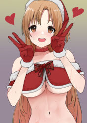 Rule 34 | 1girl, :d, asuna (sao), bare shoulders, black hat, blush, bow, bowtie, breasts, brown eyes, double v, female focus, fur-trimmed gloves, fur trim, gloves, gradient background, h2o (ddks2923), hat, heart, highres, large breasts, long hair, looking at viewer, navel, open mouth, parted bangs, plaid, plaid bow, plaid bowtie, red bow, red bowtie, red gloves, santa hat, smile, solo, sword art online, teeth, upper body, upper teeth only, v