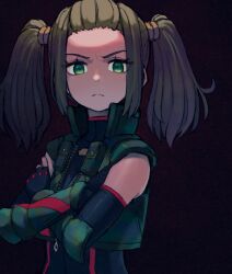 Rule 34 | 1girl, black bodysuit, black gloves, bodysuit, brown hair, commentary, crossed arms, elbow gloves, fingerless gloves, forehead, gloves, green eyes, green jacket, jacket, looking at viewer, open clothes, open jacket, reiesu (reis), shania (xenoblade), sidelocks, solo, twintails, upper body, xenoblade chronicles (series), xenoblade chronicles 3