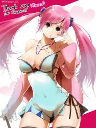 Rule 34 | 1girl, artist request, bra, breasts, cleavage, commission, cosplay, curvy, digimon, digimon story: cyber sleuth, female focus, heart, large breasts, one piece, panties, perona, pink hair, shiny skin, shiramine nokia, shiramine nokia (cosplay), side-tie panties, twintails, underwear, wide hips