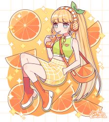 Rule 34 | 1girl, artist name, bare shoulders, blue eyes, blush stickers, boots, bow, drinking straw, drinking straw in mouth, emma (kumaema), food, fruit, green bow, green shirt, hair bow, hand in pocket, hand up, headphones, highres, juice, juice box, long hair, midriff, orange (fruit), orange footwear, orange hair, orange juice, orange skirt, orange slice, orange theme, original, outline, ponytail, shirt, skirt, sleeveless, sleeveless shirt, solo, very long hair, white outline