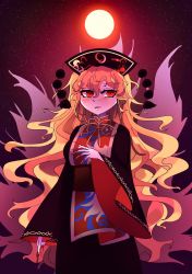 Rule 34 | 1girl, belt, black dress, black hat, blonde hair, blush, bow, bowtie, breasts, brown belt, chinese clothes, crescent, crescent print, dress, energy, fingernails, hand up, hat, hearthrob, highres, junko (touhou), long fingernails, long hair, long sleeves, looking to the side, medium breasts, moon, nail polish, night, night sky, open mouth, phoenix crown, pom pom (clothes), red eyes, red nails, red vest, sky, smile, solo, standing, star (sky), starry sky, tabard, touhou, vest, wavy hair, wide sleeves, yellow bow, yellow bowtie