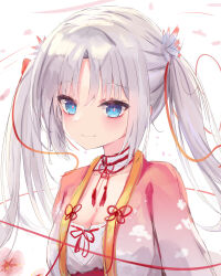 Rule 34 | 1girl, absurdres, blue eyes, breasts, bright pupils, cherry blossoms, chinese commentary, choker, cleavage, commentary, eyelashes, floral print, flower, hair flower, hair ornament, hair ribbon, highres, japanese clothes, kimono, large breasts, light blush, long hair, looking at viewer, lshiki, miko, neck tassel, parted bangs, pink kimono, profile, red ribbon, red tassel, ribbon, ribbon-trimmed kimono, senren banka, sidelocks, simple background, smile, solo, straight hair, tomotake yoshino, very long hair, white background, white choker, white flower, white hair, yuzu-soft