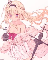 Rule 34 | 1girl, artist name, bare shoulders, blonde hair, blue eyes, blush, braid, breasts, cleavage, cleavage cutout, clothing cutout, commentary request, corset, crown, dress, french braid, globus cruciger, hairband, headwear request, holding, kantai collection, lace, lace-trimmed dress, lace trim, long hair, long sleeves, looking at viewer, mast, mini crown, off-shoulder dress, off shoulder, orb, red ribbon, ribbon, sazamiso rx, scepter, simple background, solo, tagme, tilted headwear, warspite (kancolle)