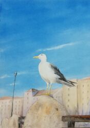 Rule 34 | animal, bird, blue sky, building, cloud, highres, lamppost, miyuchan777, no humans, original, painting (medium), sky, town, traditional media, upper body, watercolor (medium)