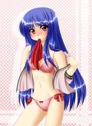 Rule 34 | 1girl, blue hair, blush, bow, bow panties, bra, chitose (pixiv), female focus, highres, hinanawi tenshi, kagura chitose, lingerie, long hair, mouth hold, panties, pink bra, pink panties, red eyes, side-tie panties, solo, touhou, underwear, undressing
