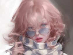 Rule 34 | 1girl, absurdres, blonde hair, blue scarf, bm94199, copyright request, green eyes, grey background, hair between eyes, hand up, highres, long hair, multicolored background, open mouth, portrait, scarf, solo, striped clothes, striped scarf, sunglasses, teeth, white scarf