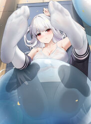 Rule 34 | 1girl, ass, azur lane, ball, black pants, blush, breasts, cleavage, collarbone, commentary request, exercise ball, feet, foot focus, full body, highres, large breasts, long hair, looking at viewer, lying, marseillaise (azur lane), marseillaise (fighting angel&#039;s regimen) (azur lane), no shoes, official alternate costume, pants, presenting foot, qing wu, red eyes, sitting, socks, soles, solo, sports bra, sweat, toes, very long hair, white hair, white socks, white sports bra, yoga pants