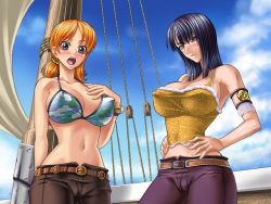 Rule 34 | 2girls, armlet, armpits, bangle, belt, bikini, bikini top only, black hair, blush, bracelet, breasts, buckle, cameltoe, cleavage, cowboy shot, day, going merry, hand on own hip, hand on own chest, huge breasts, jewelry, kagami hirotaka, large breasts, log pose, looking at viewer, looking back, midriff, multiple girls, nami (one piece), navel, nico robin, nose blush, one piece, orange hair, outdoors, pants, ship, standing, stomach, swimsuit, tank top, twintails, vehicle, watercraft