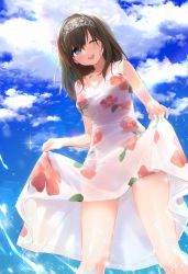 Rule 34 | 1girl, bad id, bad twitter id, black hair, blue eyes, blue sky, blush, breasts, cloud, day, dress, floral print, fpanda, from below, hairband, highres, idolmaster, idolmaster cinderella girls, jewelry, large breasts, long hair, looking at viewer, necklace, ocean, one eye closed, open mouth, outdoors, round teeth, sagisawa fumika, skirt hold, sky, sleeveless, smile, solo, teeth, wading, white dress