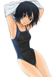 Rule 34 | 1girl, amagami, armpits, arms up, black eyes, black hair, competition swimsuit, highres, homunculus (alchemynote), nanasaki ai, one-piece swimsuit, short hair, smile, solo, swimsuit, thigh gap, thighs, undressing