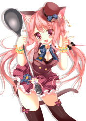 Rule 34 | 1girl, :d, animal ears, black thighhighs, breasts, cat ears, cat tail, cleavage, fang, frilled skirt, frills, hat, holding, leaning forward, long hair, looking at viewer, low twintails, open mouth, original, pink eyes, pink hair, skirt, smile, solo, spoon, tail, thighhighs, twintails, yuutsuki hina, zettai ryouiki