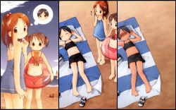 Rule 34 | 3girls, ?, barasui, beach, character request, child, closed eyes, closed mouth, comic, crab, flat chest, highres, mouth hold, multiple girls, squid, tagme, tan, watashi no oniichan